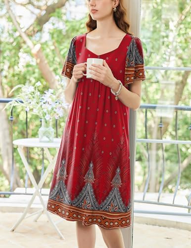 Image of Ekouaer Women's House Dress - Pleated Nightgown with Short Sleeves & Pockets
