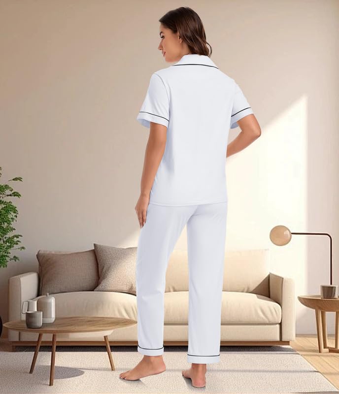 Image of CF 100% Cotton Pajamas for Women Set 2 Piece Short Sleeve Tops and Long Pants Comfy Well-Fitted Loungewear Set Pj Sets