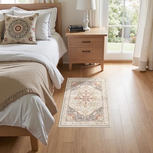Tortania Area Rug 2x3 Doormat - Washable Vintage Oriental Farmhouse Soft Thin Indoor Carpet for Living Room Bedroom Hallway Entryway Kitchen - Orange Multi