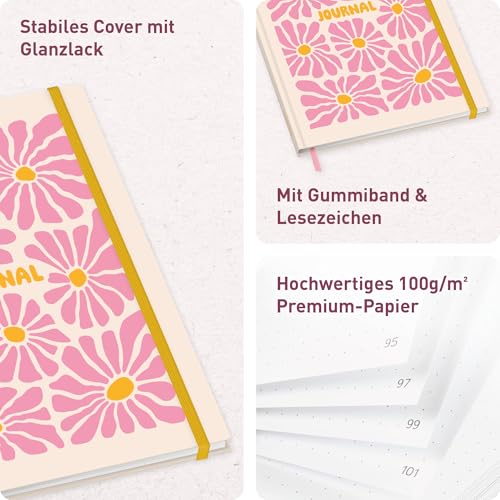paper&you® Dotted Journal A4+ z gumką "Pink Flowers" 156 stron, notes w kropki, szkicownik, pamiętnik - zrównoważony i przyjazny dla klimatu