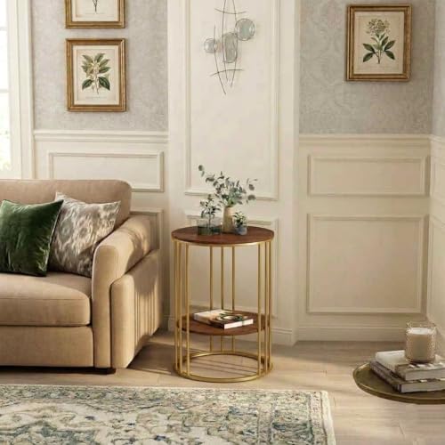 Image of Round Coffee Table Marble Print Sofa Side Telephone Corner Table Snack End Table Metal Frame Dining Chair Center Table for Living Room Bedroom Furniture Golden Brown