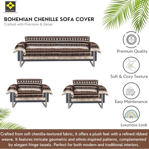 Image of Elegant Woven Brown Sofa Cover Soft Chenille Traditional Pattern with Lace Style | L-Shape Sectional Seat Protector for Living Room | Durable & Stylish Slipcover 5 Seater with Arms