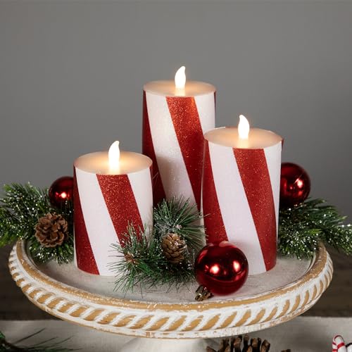 Image of LED Flameless Flickering Candy Cane Wax Pillar Christmas Candles - 6 inch - Set of 3