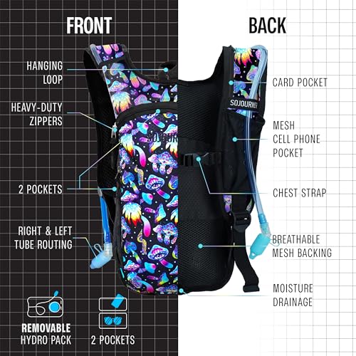 Image of Sojourner Hydration Pack, Hydration Backpack - Water Backpack with 2l Hydration Bladder, Festival Essential - Rave Hydration Pack Hydropack Hydro for Hiking, Halloween, Running (Magic Mushroom)