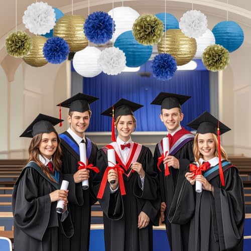 Image of 18 PCS Blue White Gold Paper Lanterns & Tissue Paper Pom Poms for Men's Birthday, Graduation 2026, Wedding, Hanging Paper Party Decoration Set for Indoor Outdoor Events Theme Party Supplies