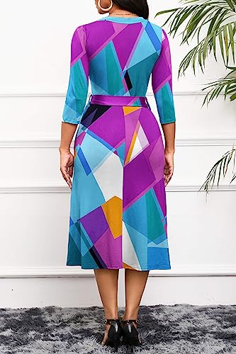 Runwind Women'S Midi Dress,3/4 Sleeves V Neck Cocktail Party Dress Curvy Wrap Sexy Geometric Pattern Dresses With Belt thumb #2