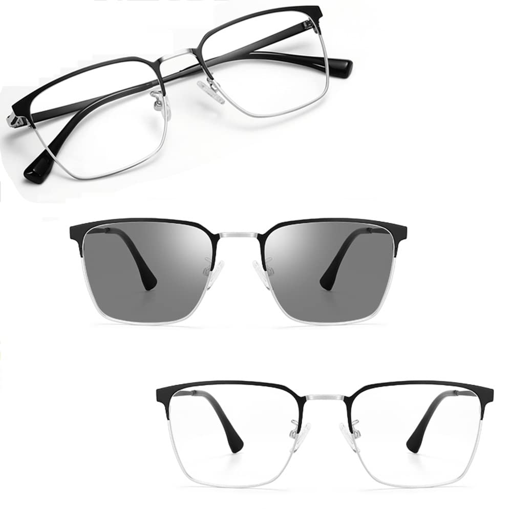 Gafas De Lectura Progresivas Multifoco，Fotocrómico Lentes De Lectura Hombres，Gafas De Lectura Rectangular Oro Negro +1.5 (Color : Black Silver, Size : +2.0)