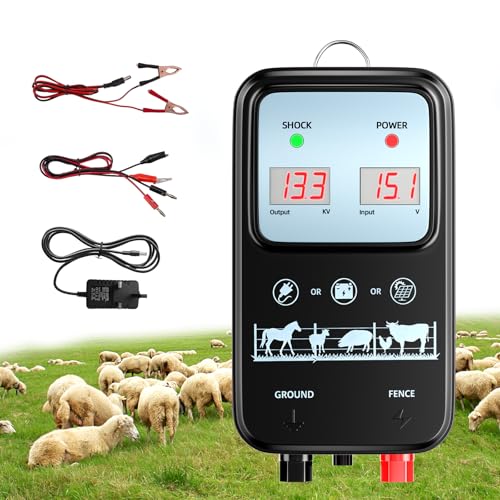 Trsaow Electric Fence Energiser 12V 2J 15km Range IP44 Electric fence posts Electric Fence Tester Insulators Weatherproof Kit for Horses Cattle Pigs Goats 2J Output 3 Ways to Power (black)