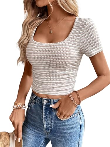 Women Summer Short Sleeve Shirts Ruched Tops Sexy Square Neck Blouses Going Out Knit T Shirt Basic Tees4