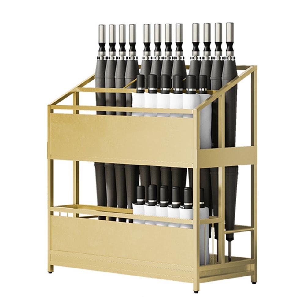 WQPMNYG Large Capacity Iron Umbrella Stand - Holds 40-75 Umbrellas Stylish Gold Umbrella Holder for Home & Commercial Use Drip Tray Included 68x32x70cm
