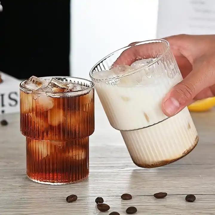 Image of WEZOSHINET Ribbed Heat Resistant Drinking Glasses Cup with Vertical Stripes Pattern for Iced Coffee Cups Whiskey Cocktail Beer Water Glasses for Home Party Bar (2Pcs /190 ML)