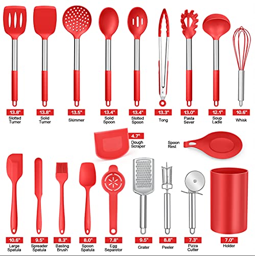 Red Kitchen Utensils Set Of 20, P&P Chef Silicone Cooking Utensil With Stainless Steel Handle, Non-Stick & Non-Scratch, Include Turner,Spatula,Spoon,Tong,Pizza Cutter,Grater,Peeler,Holder #TOP6