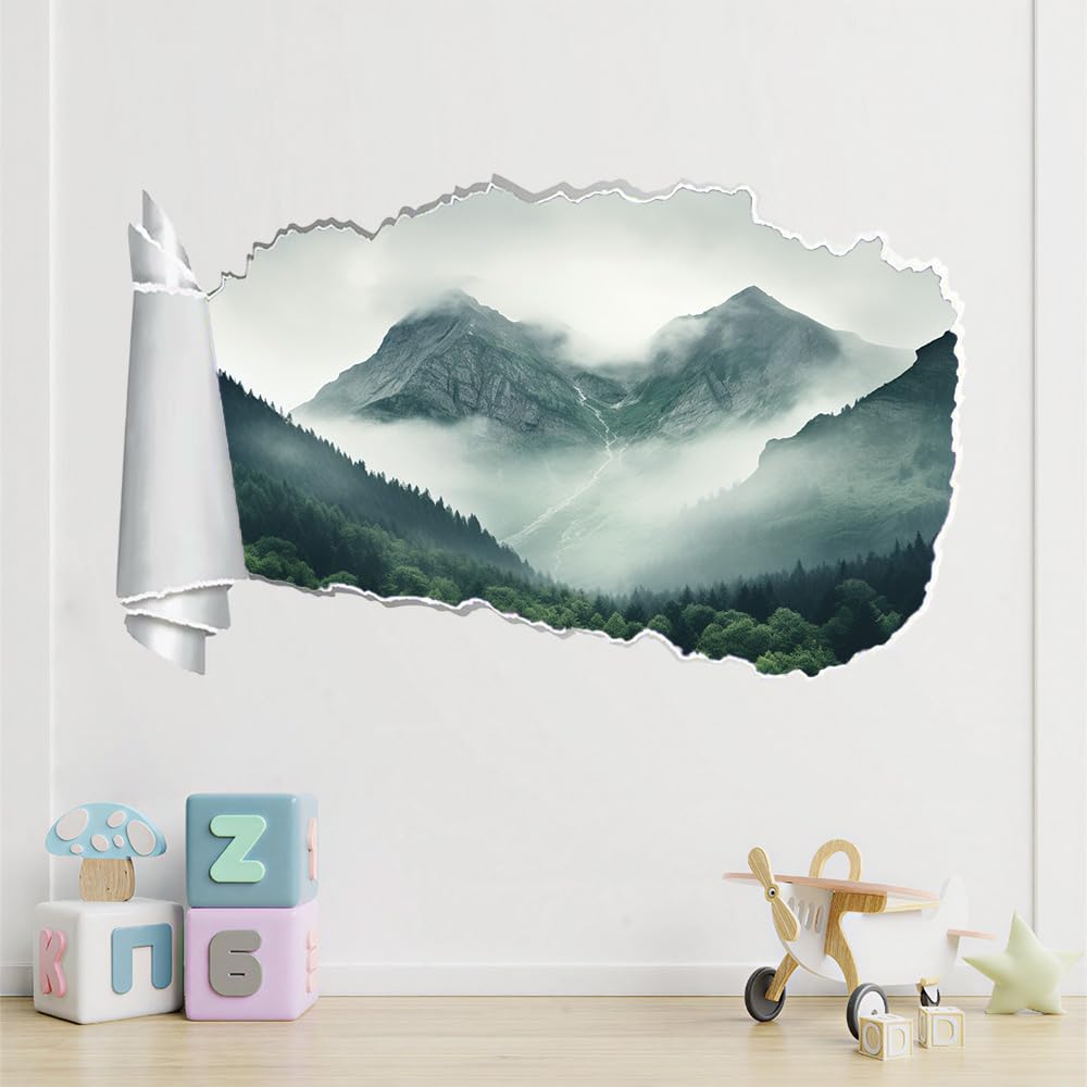 3D Wandaufkleber, Bergnebel Durchbruch Wandtattoos Deko Wand Selbstklebend Waldbäume, Wand Aufkleber Wanddurchbruch Wandsticker für Zuhause, Schlafzimmer, Wohnzimmer