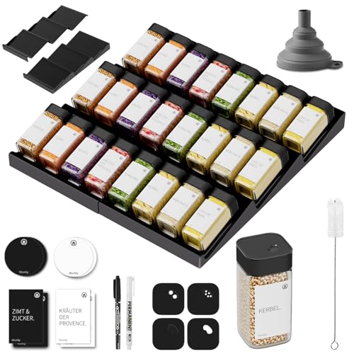 Miorkly Gewürzgläser Eckig Drehdeckel mit Regal [24 x 120ml] - Gewürzregal mit Gewürzdosen Set [Passend für alle Schubladen - Gewürz… – Ansicht 1