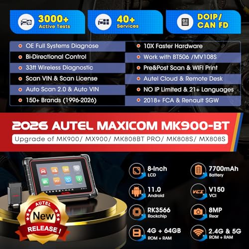 Autel Scanner MaxiCOM MK900BT: 2026 8in MK900-BT V2.0 Bidirectional Scan Tool, 33ft BT Ver. of MK900 MX900 MK808S MK808BT PRO MX808S MK808Z, 40+ Service, 3K+ Active Tests, DOIP CANFD, All System, FCA - Image 3