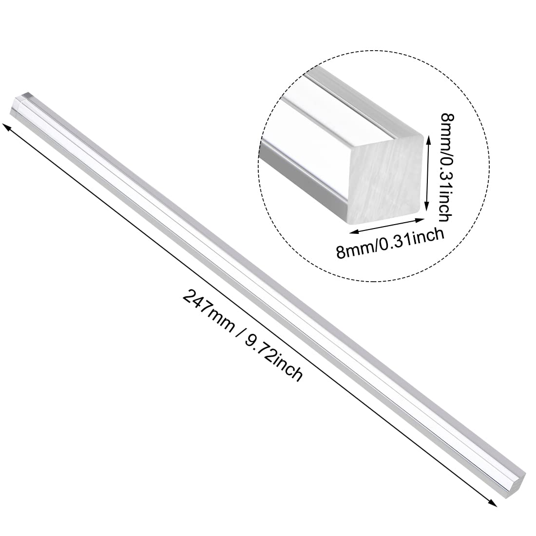 Clear Acrylic Rods - 8mm x 8mm x 250mm -2 Clear Acrylic Rods - 8mm x 8mm x 250mm -2