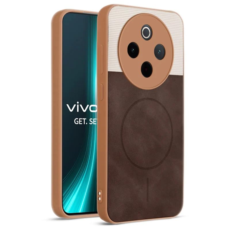 Image of Bintage case Macc-Safe Design Hard Light Weight Back Case | Soft Border Camera Protect | Dual PU Leather Finish Back Cover Compatible for iQOO Z10 5G /Vivo T4 5G - White & Cherry Brown