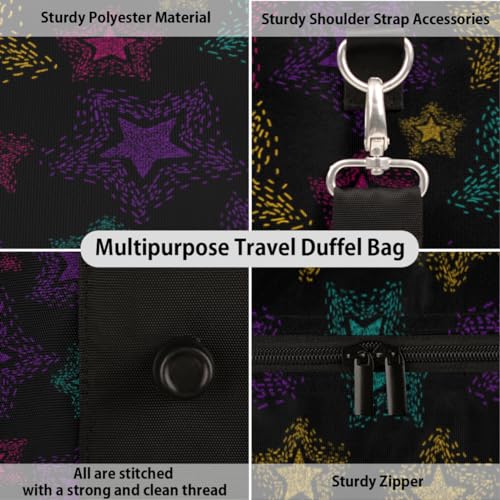 Colorful Stars Travel Duffel Bag, Black Sports Tote Gym Bag, Foldable Weekender Overnight Bag, Luggage Handle Bag for Women Men3