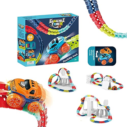 Coches de juguete con pistas de carreras intercambiables, tren flexible montado Bendable Rainbow Race Track Set de juguete con coches de juguete para niños y niñas (184 piezas) Cover