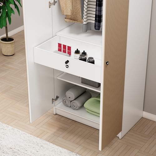 Image of Bniture Luxe 2 Door Wooden Wardrobe for Bedroom with Shelf & Lockable Drawer | Engineered Wood Almirah for Clothes with 3D Textured Panels | Dual Tone Cupboard for Bedroom | Frosty White & Giant Wood