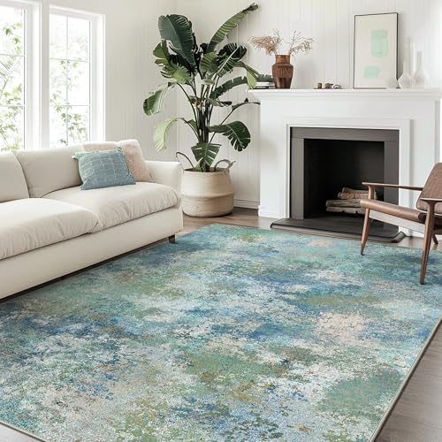 Area Rugs 8x10 Machine Washable Area Rug for Bedroom Living Room Dining Room, Large Modern Abstract Soft Rugs, Indoor Low Pile Carpet with Non Slip Rubber Backing, Abstract Blue Green