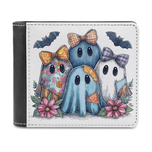 Cute Ghost with Fabric Bow Soft PU Leather Bifold Wallet, Coin Purse Credit Pass Case, Durable Card-Holder Slim Billfold for Men Woman Money Storage