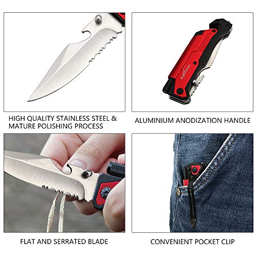 Image of ALBATROSS Best 6-in-1 Survival Tactical Military Folding Pocket Knives with LED Light,Seatbelt Cutter,Glass Breaker,Magnesium Fire Starter,Bottle Opener;Multi-Function Emergency Tool(Red-SA)