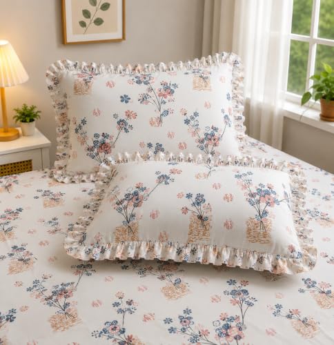 Image of 320 TC Premium Soft Cotton Feel Microfiber Elastic Fitted Bedsheet King Size (72 x 78 x 8 Inch) with 2 Frill Pillow Covers | All Around Elastic Double Bed Sheet | White