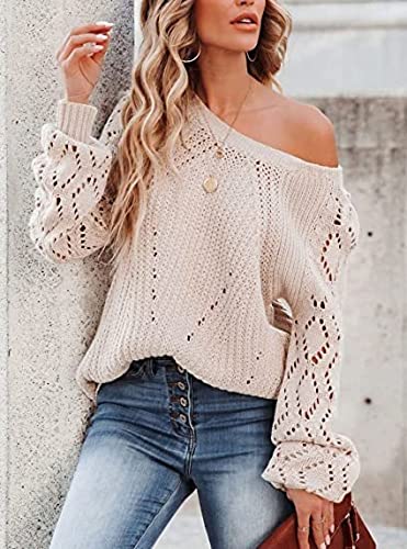 Image of Womens Fall Sweaters Fashion Crochet Long Sleeve Off The Shoulder Clothes Cute Crewneck Knit Pullover Jumper Tops