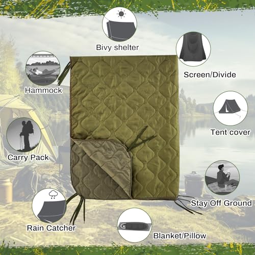 Barydat 1/2/3 Pack 80 x 60/92 x 64 Inch Woobie Blanket Military Poncho Liner Hunting Blanket Waterproof Thermal Poncho Liner with Bag Camo for Outdoor Camping Hiking(80 x 60 Inch,Green,1 Pack) - Thumbnail 4