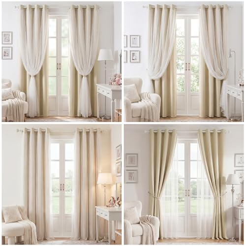 Image of MYSKY HOME Beige Blackout Curtains with Sheer Overlay 52Wx63L,2 Panels
