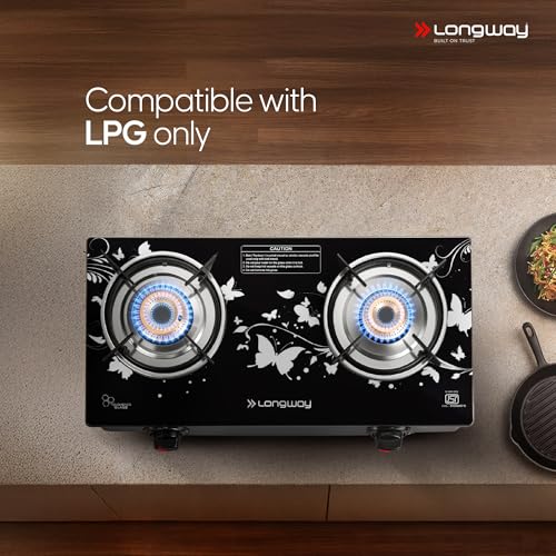 Image of Longway Astra Glass Top, 2 Burner Manual Ignition Glass Gas Stove (Black, ISI Certified, 2 Year Warranty)