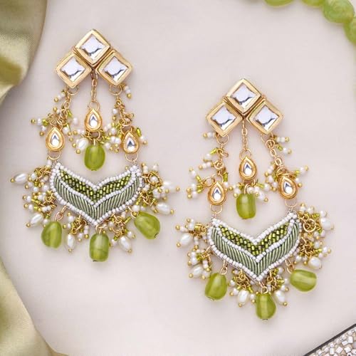 Image of SANJOYA by EVERSTYLISH Kundan Earrings for Women | Polki & Green Beaded Statement Dangler Earrings | Ethnic Jewelry for Weddings, Festivals & Special Occasions
