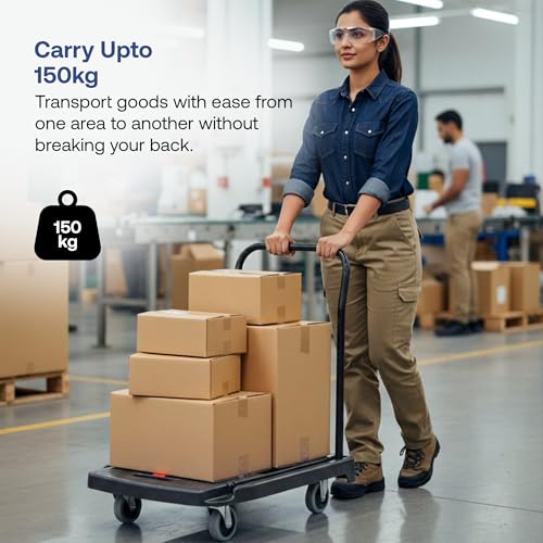 Image of Bonkaso 150 Kg Capacity Foldable Platform Trolley | Portable Polypropylene Cart with 3-Inch Wheels | Compact Storage, Ideal for Office, Warehouse & Home Use (59x39x77 cm) Black