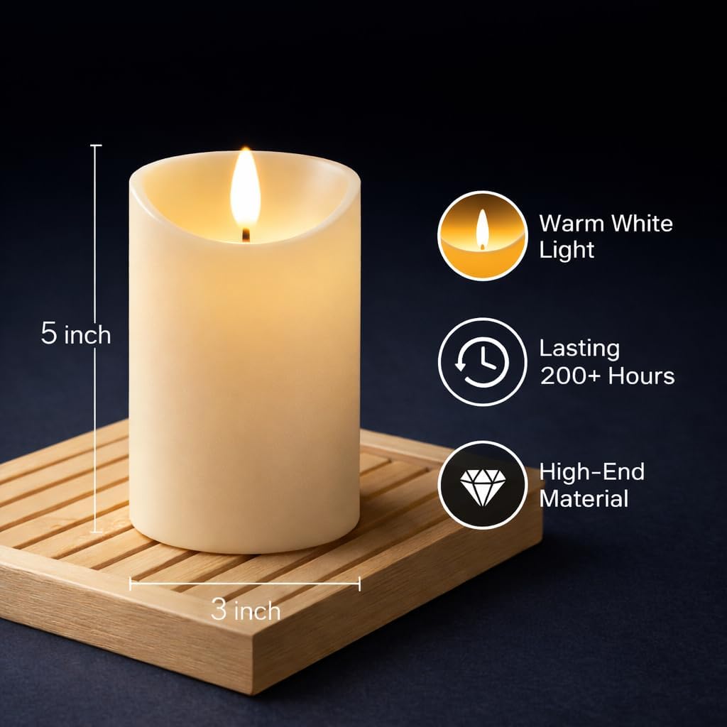 Flameless LED Candle Battery Operated, 5” x 3” Flickering Electric Pillar Candle Real Wax Finish, Safe Fake Candles for Home Decor, Wedding, Christmas Decorations，Party Centerpiece