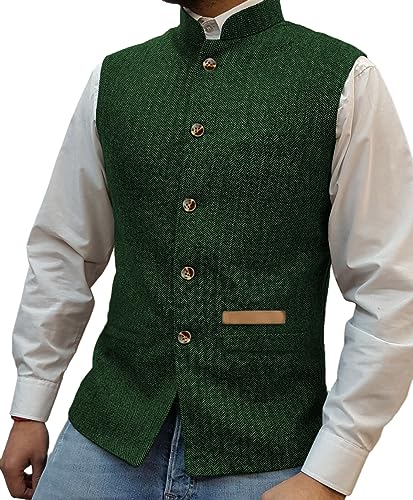 Yiaisafa Mens Mock Neck Vests Tweed Waistcoats Stand-up Herringbone Retro Groomsman Lined Vintage Wool Wedding Hunting (Green,XXL)