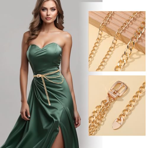 2PCS Waist Chain Belt, Gold Chain Belt Fashion Multilayer Metal Chains Belts Golden Metal Waist Chains Chunky Gold Belts for Women Girls Jeans Dress Sweater Coat3