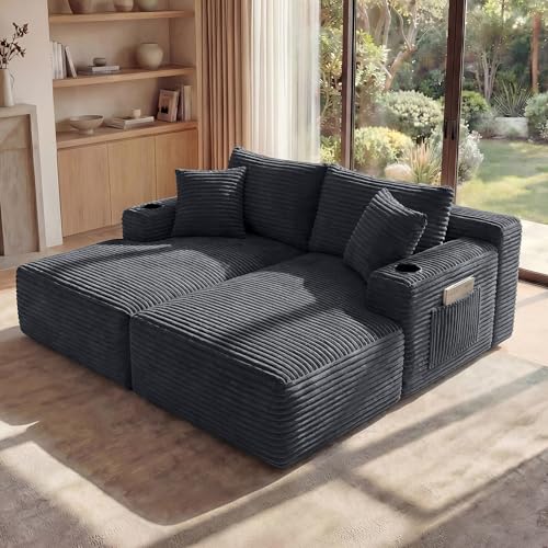 Image of 125 inch Modular Sectional Sofa Couch, U-Shaped Boneless Couch, Dark Grey | Boneless Couches for Living Room, Cloud Luxury Comfort, Storage & Cupholder, Corduroy Couch, Deep Seat, No Assembly Required