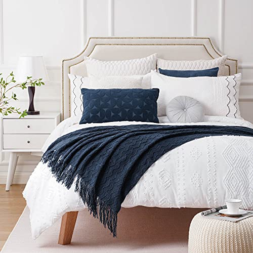 Battilo Home Navy Blue Throw Blanket For Couch, Textured Soft Navy Throw, Decorative Knitted Navy Blanket Throw For Sofa Bed Living Room, 50"X60" #TOP24