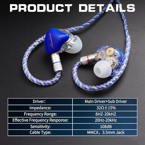 Image of DEMAKE in-Ear Monitor with Detachable Silver-Plated,no mic | HiFi IEM, Tesla Dual Dynamic Driver Wired Earbuds, Noise-Isolating In-Ear Headphones for Singers & Audiophiles (Blue & Clear)