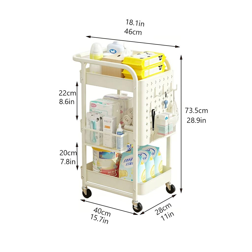 Servierwagen Mit Rollen Und Haken, 3-Tier Bastelwagen Für Küche, Multifunktionaler Rollwagen Schmal Für Haushaltsartikel Lebensmittel Und Bürozubehör,Beige