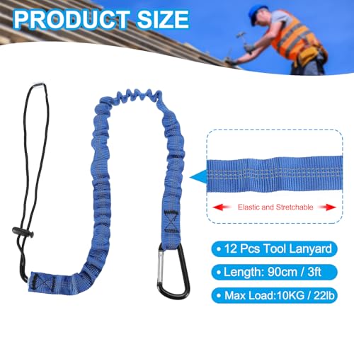 Image of MECCANIXITY Retractable Tool Lanyard 3ft with Single Aluminum Buckle and Adjustable Loop End, Maximum Weight Limit 10KG / 22lb, Safety Fall Protection Tools Leash, Blue 12 Pack