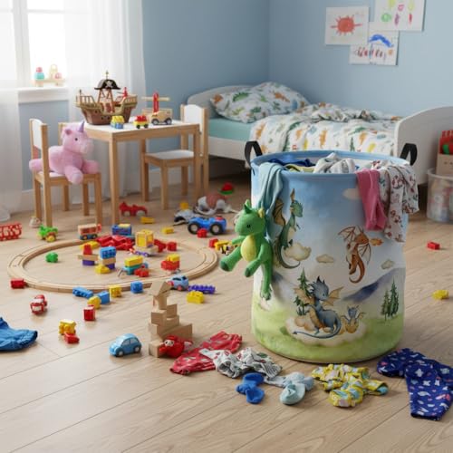 Image of Baby Laundry Basket Baby Nursery Hamper Kids Laundry Basket Toy Storage Bin for Boys Room Decor Gift Baskets for Bedroom Bathroom(Flying Dinosaur)