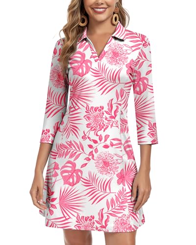 Image of WOWENY 3 /4 Sleeve Dress for Women with Pockets V Neck UPF 50+ Casual Sun Dress Breathable Quick Dry Beach Vacation