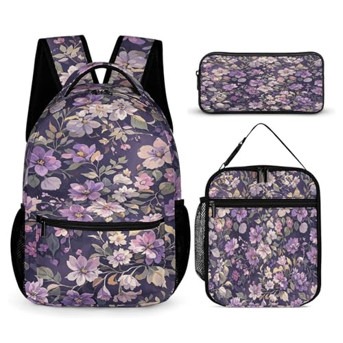 3Pcs Backpack Sets Purple Vine Vignette Print Travel Daypack 3 in 1 Lightweight Backpack Set with Lunch Bag And Cosmetic Bag