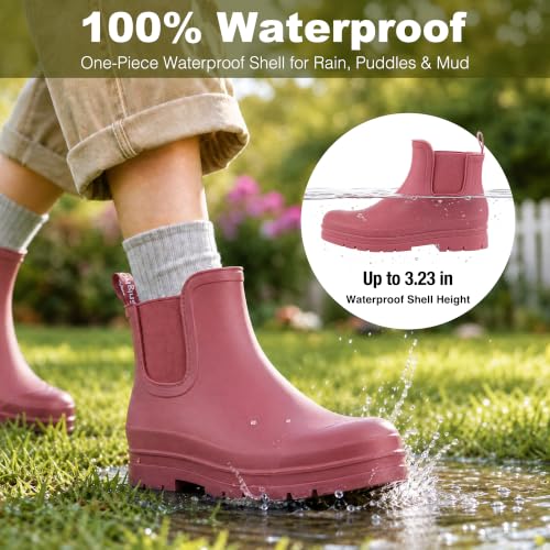 Image of planone Women's Fashion Waterproof Short Chelsea Rain Boots Durable Non Slip Ankle Rubber Boots Work Booties Lightweight Outdoor Garden Shoes with Removable Insole