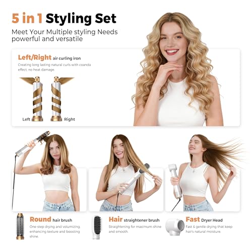Image of 5 in 1 Hair Dryer Brush Set,Professional Hot Air Styler, Air Curling Wrap Styler,Detachable Blow Dryer Brush with Auto Wrap Curlers,Hair Styling Tools for Straight /Curl /Drying /Smoothing
