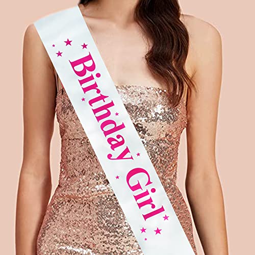 Image of DECOFY Birthday Sash & Crown Set - 3 Pc Combo with Tiara Crown Hairband, Sash & Pin (White), for Girls & Women of All Ages, Birthday Party Accessories, Stylish, Comfortable & Reusable Celebration Wear