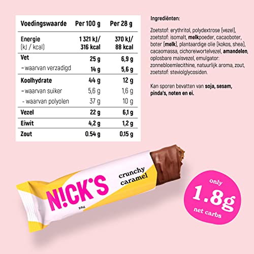NICKS Crunchy Caramel reep met krokante karamel & amandelen gewikkeld in melkchocolade zonder toegevoegde suiker, glutenvrij | 21x28g - Image 5