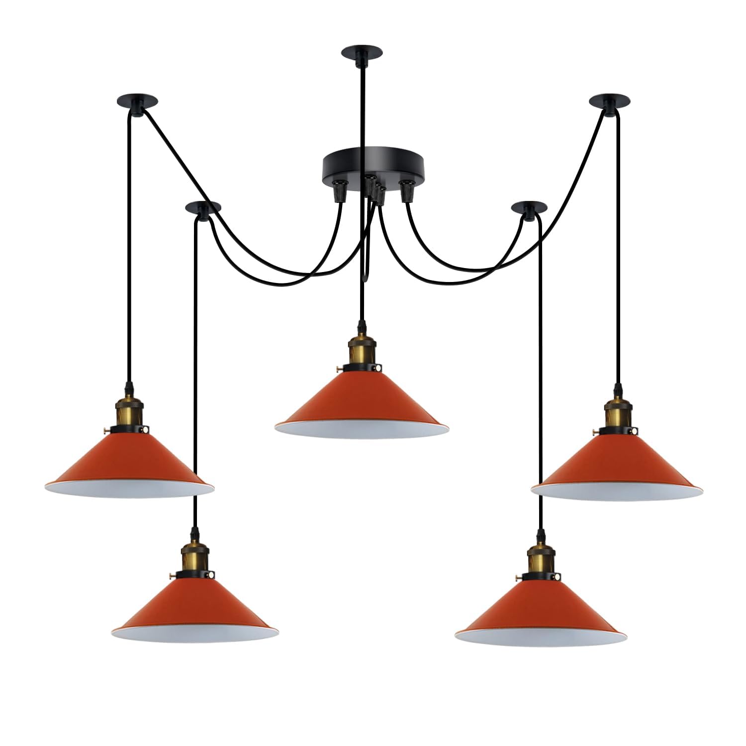 LEDSone Industrial 5-Head Spider Pendant Light Adjustable Hanging Ceiling Lamp with E27 Cone Metal Shades 110-240V Height Adjustable Fixture for Kitchen, Bar, Loft
